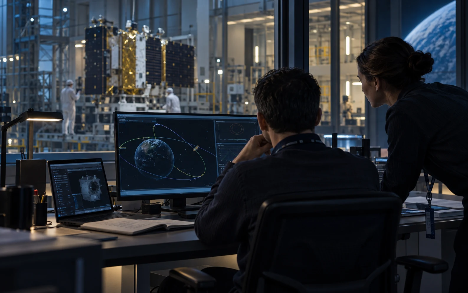 Engineers reviewing an orbital mission while a satellite is prepared in an integration facility.